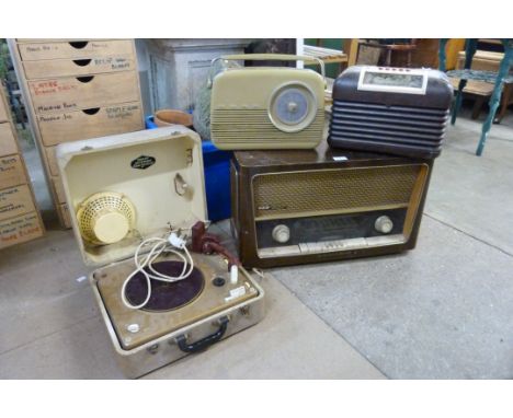 Two vintage valve radios, another radio and a portable record player 