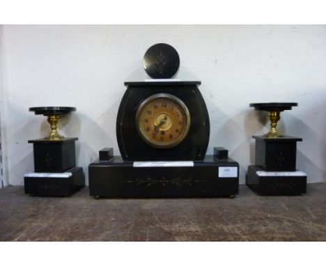 A French Art Deco Belge noir clock garniture 