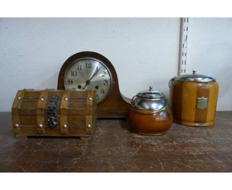 An oak mantel clock, treen, etc. 
