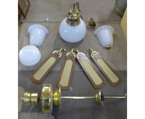 A brass and oak effect ceiling light/fan and matching wall light 