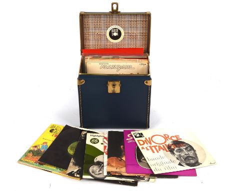 Vinyl records - collection of 7" singles in a Spisar record carry case, includes David Bowie, The Beatles, Jimi Hendrix, The 