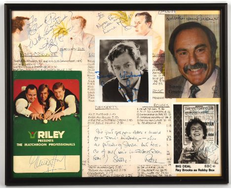 Autographs from the world of TV Film and sport, a framed Langan's Brasserie menu dated 7 November 86, with two (unknown) dedi