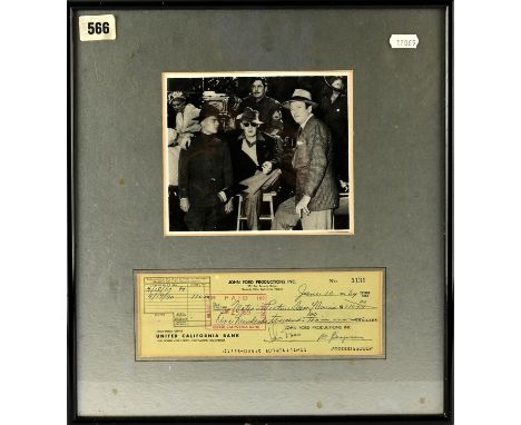 John Ford signed cheque to the Motion Picture Industry Association America, dated 1969, with B&W photo of Ford with John Wayn