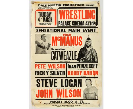 Wrestling poster - British 1970s poster for Dale Martins Promotions show at Palace Cinema Alton and other locations, featurin