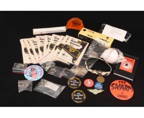 Movie promotional items - 11 x Air America Mel Gibson paper planes, The Swarm is coming badge, Return Of The Blues Brothers s