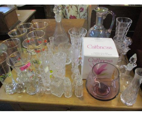 Mixed 19th century and 20th century glassware to include a Georgian decanter with stopper, retro beer glasses having painted 