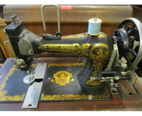 Naples composition figures, a 1960s oak barometer, a manual Frister &amp; Rossman sewing machine, an oil painting signed Nels