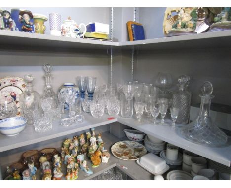 A lot of china and glassware to include a ships decanter and a 19th century Delft ware vase 