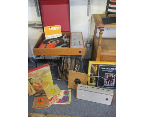 A 1970's Ultra 6042 record player and Ultra mains transistor, together with a 1970's record player stand and a quantity of 19