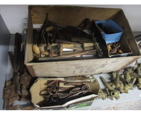 A selection of mainly vintage tools to include wrenches, hand crank drills, brass barrel taps and other items 