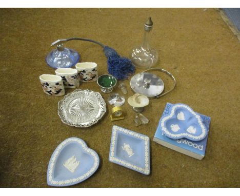 A mixed lot comprising Wedgwood blue Jasperware trinket dishes, a silver rimmed butter dish, three Masons squat vases, an Art
