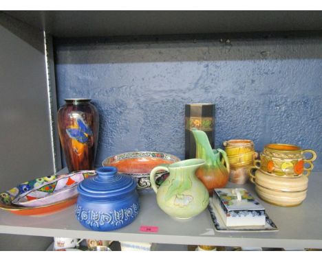 A selection of art duo ceramics to include a Charlotte Rhead Crown Ducal vase, tube lined decorated with oranges and lemons, 