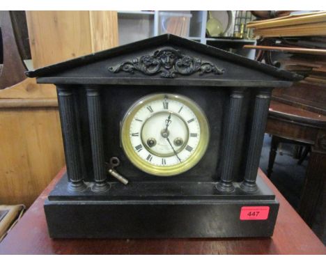 A Benetfink, London - Victorian black slate cased mantle clock in a classical antiquity style with white Roman dial flanked b