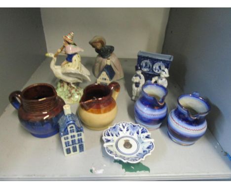 Small group of ceramics to include a Nao porcelain figurine of a girl, Victorian Staffordshire pottery of a witch seated on t