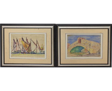 Linde-Walther, Heinrich Eduard (1868 Lübeck 1939) 2 Arbeiten - Hafen und Brücke. Aquarell (Alters- und Knickspuren), re. u. m