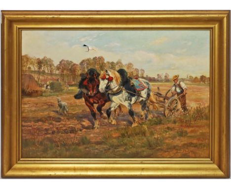Desvarreux, Raymond (1876-1961) Pflügender Bauer mit Pferdegespann. Öl/Lwd. (besch., Loch), re. u. sign. und dat. 1912. Ca. 6
