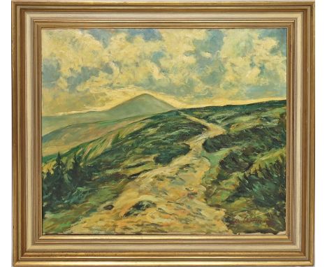 Unbekannter Maler (um 1952) Hügelige Landschaft mit Wanderweg. Öl/Lwd., re. u. unleserlich sign. und dat. (19)52. Ca. 70x 85 