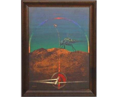 Hoeren, Lothar von (geb. 1944 Hannover) Surreale Darstellung mit Insekten. Mischtechnik/Collage/Lwd., li. u. sign. und dat. (