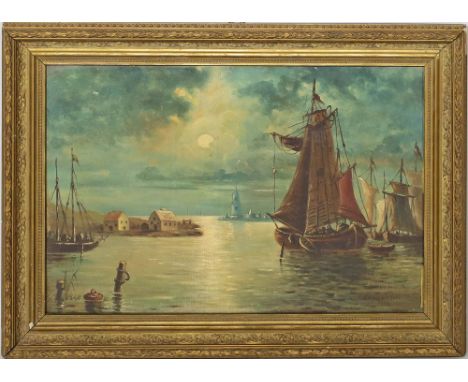 Strassberger (um 1902) Hafenausfahrt im Mondschein. Öl/Lwd. (Kratzer), re. u. sign. und dat. 1902. 34x 50 cm. R.