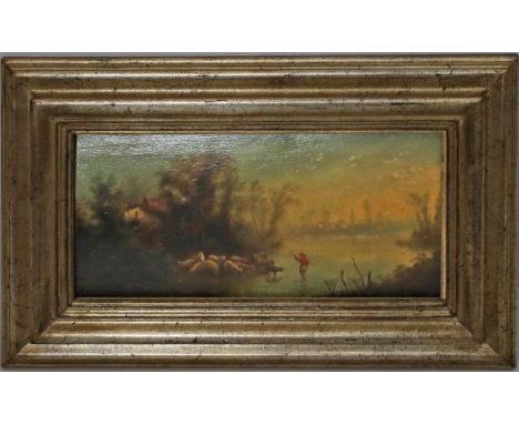 Krause, Franz Emil (1836 Berlin -1900) Uferlandschaft mit Hirten und seiner Herde. Öl/Holz (l. Altersspuren, verbogen), verso
