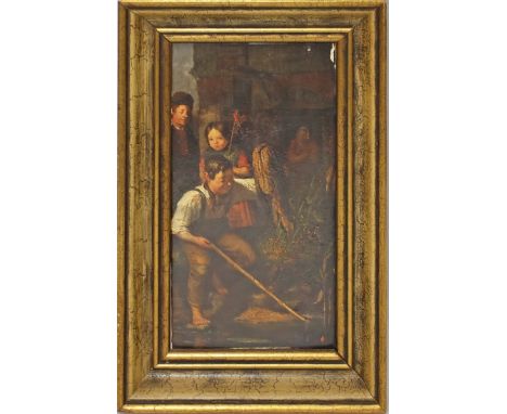 Unbekannter Maler (19. Jh.) Angelnder Knabe. Öl/Holz (Altersspuren, Randmängel). Ca. 33x 17,5 cm. R.