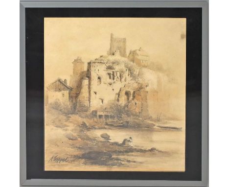 Trippel, Albert Ludwig (1813 Potsdam - Berlin 1854) Ruine und einer knienden Frau an Fluss. Mischtechnik (l. Altersspuren), l