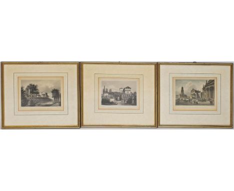 5 Stahlstiche (19. Jh.), 1x koloriert. 4x verschiedene Ansichten in und um Potsdam, 1x Gendarmenmarkt in Berlin. Gebräunt. Je