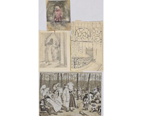 4 Zeichnungen (19. Jh.) Ausflugstag im Wald (sign./dat. W. Busch 84), Papagei (verso mit Stempel "Ad. Menzel Nachlass), Figur