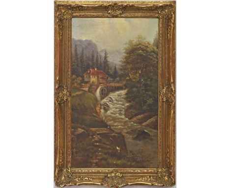 Unbekannter Maler (Anf. 20. Jh.) Gebirgsbach mit Wassermühle. Öl/Hartfaser (Fehlstellen). 54x 31,5 cm. R.