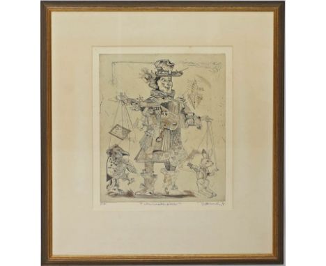 Dittrich, Simon (geb. 1940 Teplitz-Schönau) "Marionettenspieler", so betitelt. Farblithographie, re. u. sign. und dat. (19)77