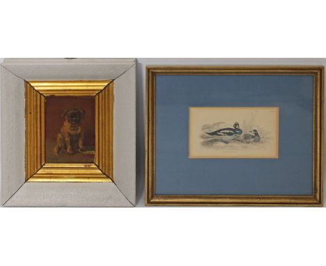 Unbekannter Maler (20. Jh.) Portrait eines jungen Mops. Öl/Hartfaserplatte (l. Fehlstellen). 15,5x 10,5 cm. R. Beigegeben: Bi