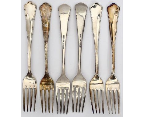 6 "Chippendale"-Speisegabeln, Wilkens. Metall, versilbert. 1x 925/000 Sterlingsilber. L. Alters- und Gebrauchsspuren. Mz. Wil