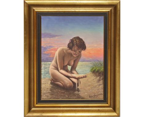 Heymann, Richard (20. Jh.) Am Strand kniender, weiblicher Akt in der Abendröte. Öl/Lwd., re. u. sign. 40x 30 cm. R.