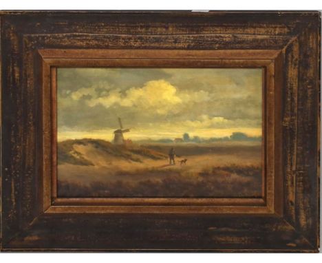 Destrée, Johannes Joseph (1827 Laeken, Brüssel - Den Haag 1888) Landschaft mit Mühle und Jäger. Öl/Platte, re. u. sign. Ca. 1