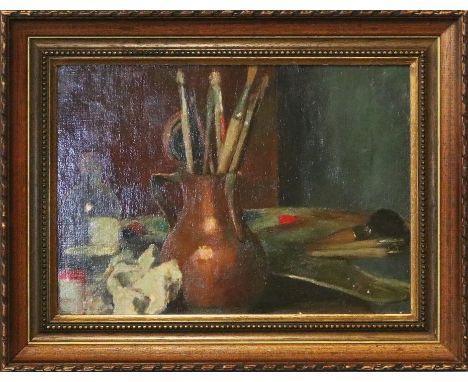 Schröter, Paul (1866 Kempen/Posen - Linow 1946) Atelier-Stillleben mit Malerutensilien und Palette. Öl/Karton, re. u. sign. 2