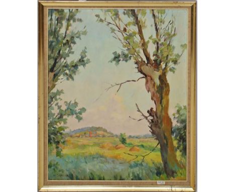 Gericke, Willi (1895 Berlin 1970) Landschaft mit Dorf am Horizont. Öl/Platte, li. u. sign. Ca. 49,5x 39,5 cm. R.