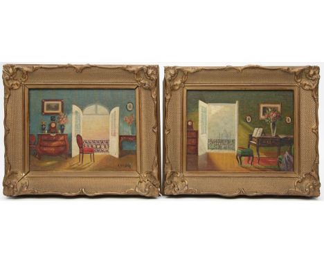 Klingsbögl, Hermann (1874 Wien 1943) Pendants: Interieure. Öl/Holz, je sign. Ca. 14,5x 18,5 cm. R.