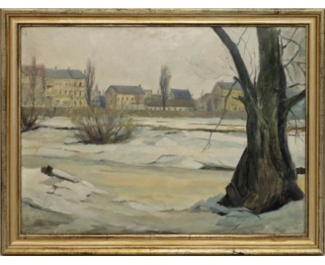 Brückner (um 1928) Winterlandschaft mit Dorfkulisse. Öl/Platte, li. u. Ritzsign. und dat. (19)28. Ca. 37,5x 50 cm. R.