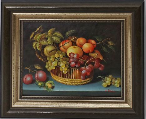 Kohler, G. (20./21. Jh.) Früchtestillleben mit Flechtkorb. Öl/Holz, re. u. sign. 20x 25 cm. R.