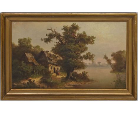 Unbekannter Maler (19. Jh.) 2 Personen vor Hütte an Seeufer. Öl/Lwd. Ca. 35,5x 58,5 cm. R.