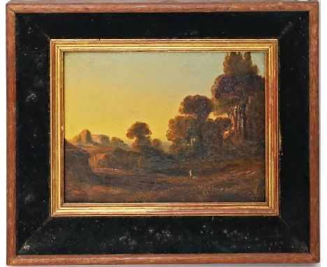 Unbekannter Maler (Ende 19. Jh.) Landschaft in der Abendröte. Öl/Holz (rest.). Ca. 17x 22,5 cm. R.