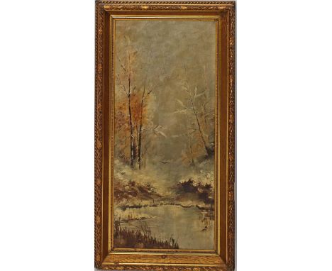 Unbekannter Maler (um 1900) Winterlandschaft mit verschneiten Bäumen an Teichufer. Öl/Lwd. 67,5x 30 cm. R.
