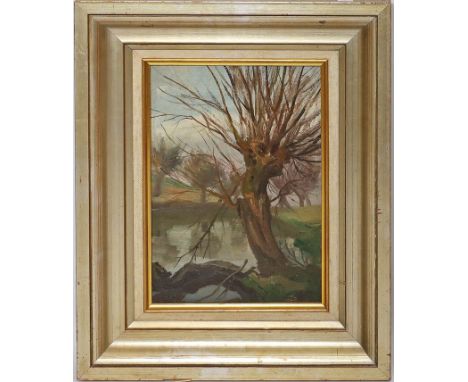 Zirges, Willy (1867 Leipzig -  nach 1930) Kopfweide an Fluss. Öl/Lwd./Platte, re. u. sign. Ca. 33x 24 cm. R.