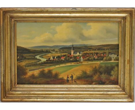 Unbekannter Maler (2. Hälfte 19. Jh.) Blick auf ein Dorf in Bayern mit Bauernpaar im Vordergrund. Öl/Lwd. (Kratzer und 1 Druc