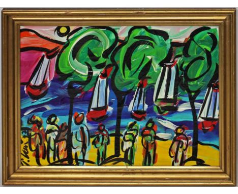 Keil, Peter Robert (geb.1942 Züllichau) "Badefreuden am Wannsee", so verso betitelt, sign., bez. Berlin und dat. (19)77. Acry
