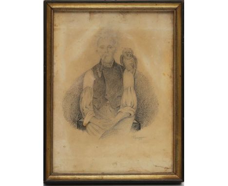 Defregger (19. Jh.) Mann mit Eule auf seiner Schulter. Bleistiftzeichnung/Papier (besch.), sign. Defregger. 16x 12 cm. R.