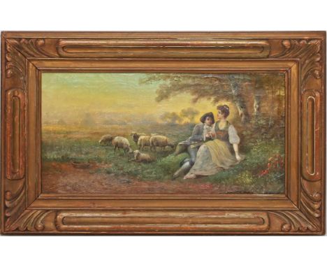 Unbekannter Maler (um 1900) Schäferszene. Öl/Lwd. (Altersspuren), re. u. unleserlich sign. Ca. 24x 48 cm. R.