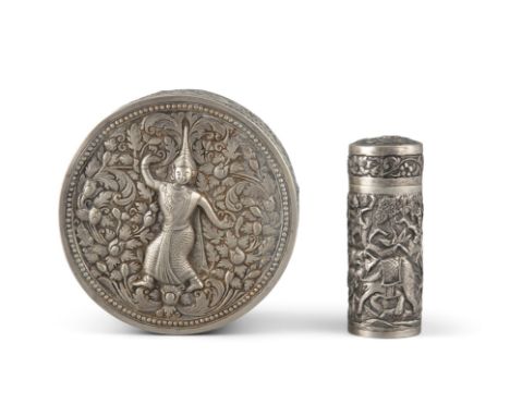 A GROUP OF TWO (2) SILVER BOXESThailand / Siam, Circa 1900s-1930sThe biggest one, of round shape, is adorned with an apsara a