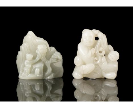 A GROUP OF TWO (2) JADE CARVINGSChina, ModernOne is carved as a Daoist immortal with the hehe / hoho / erxian. The other one 