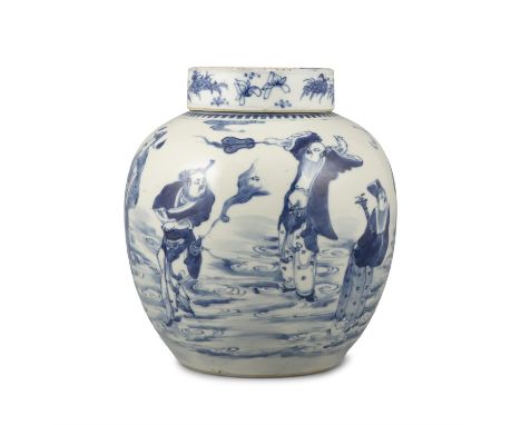 A BLUE AND WHITE ‘EIGHT IMMORTALS CROSSING THE SEA’ PORCELAIN LIDDED GINGER JAR &nbsp;China, Late Qing Dynasty, Late 19th cen
